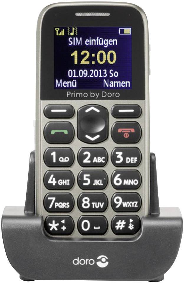 Ein einfaches Mobiltelefon mit großen Tasten und einem Farbbildschirm, der 'SIM einfügen', '12:00', 'Menü', und 'Namen' anzeigt.