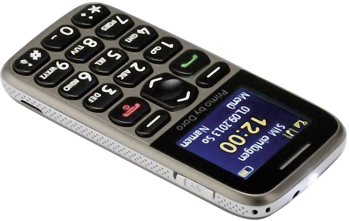 Ein Mobiltelefon mit großen Tasten und Bildschirm zeigt die Uhrzeit '12:00', Datum '10.07.2011' und Signalstärke.