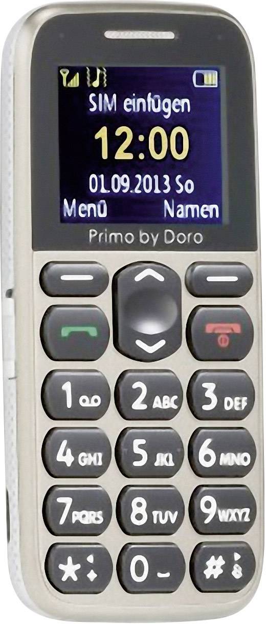 Ein einfaches Mobiltelefon mit großem Display und Tasten. Auf dem Display steht 'SIM einfügen' und die Uhrzeit '12:00'.