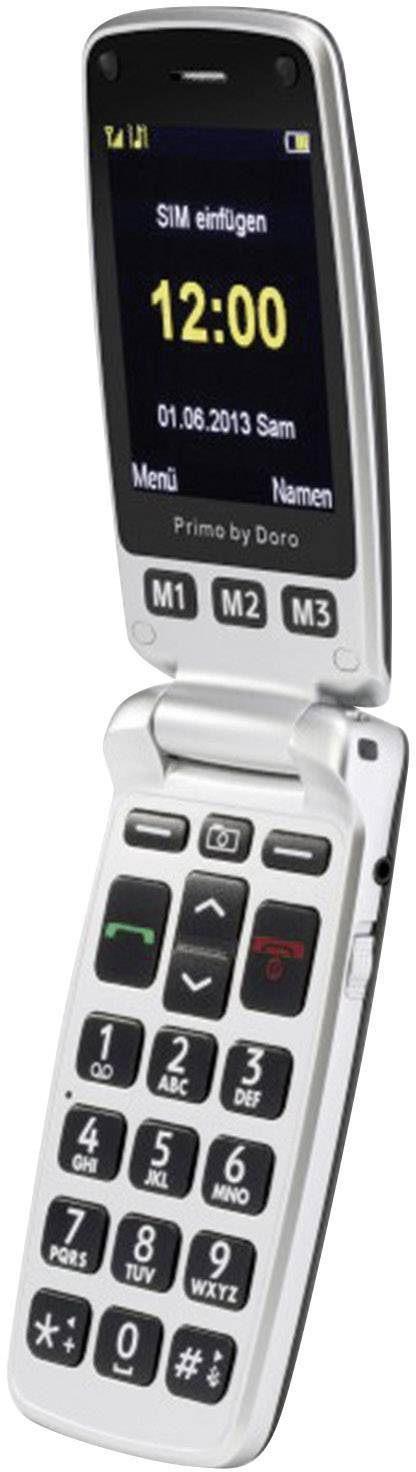 Ein Klapphandy mit großem Display zeigt 'SIM einlegen' und Zeit 12:00. Großtastatur mit Schnellwahltasten M1, M2, M3.