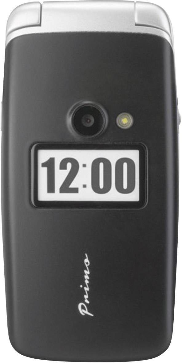 Schwarzes Klapp-Handy von hinten, zeigt eine Digitalanzeige mit der Uhrzeit '12:00' und eine Kamera.