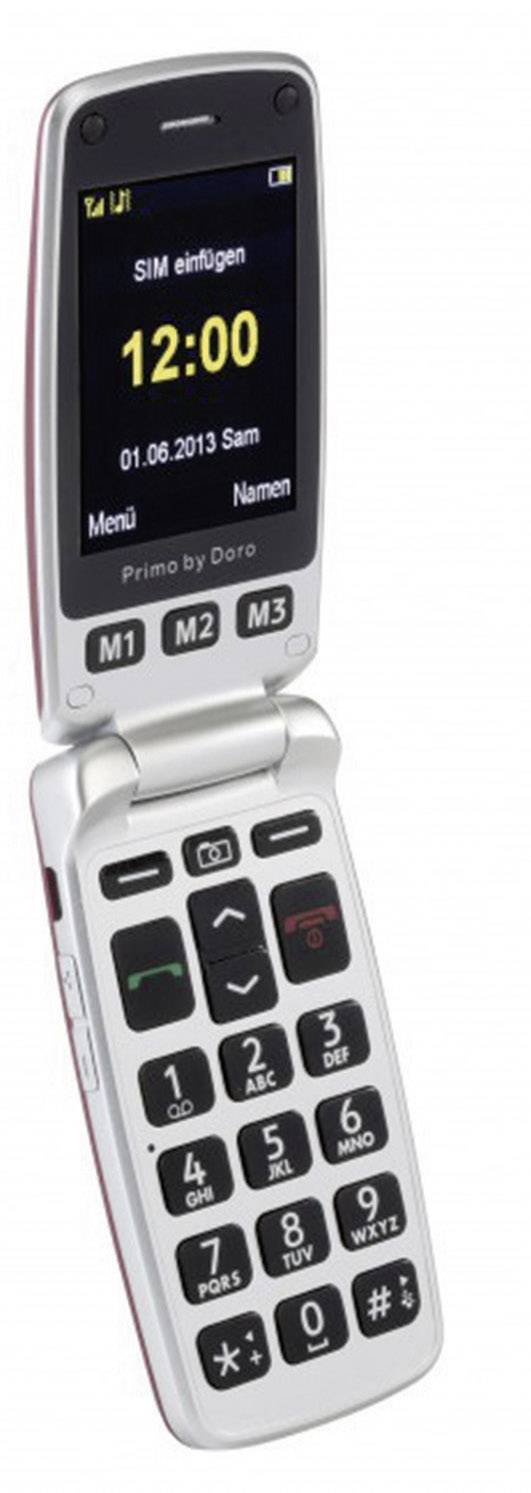 Klappbares Mobiltelefon mit großen Tasten und Display. Anzeige: 'SIM einlegen', '12:00', '01.06.2013', 'Sam', 'Menü', 'Namen'.