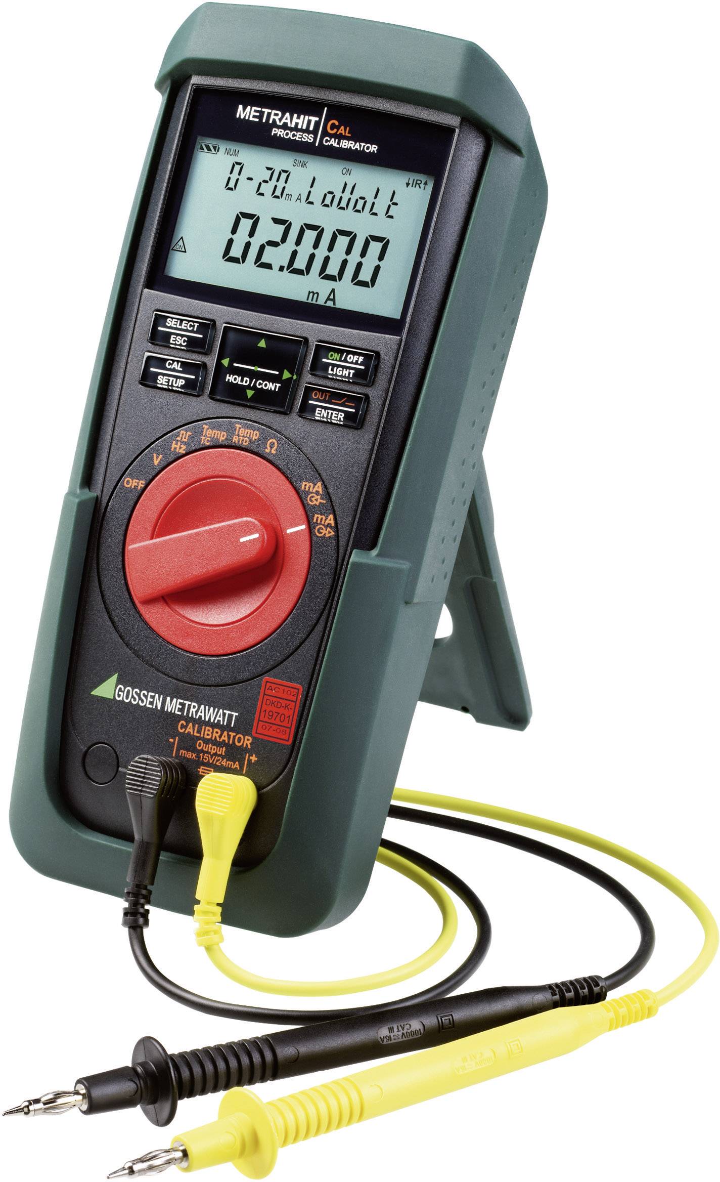 Multimeter mit digitalem Display zeigt '0.000000 μA'. Rotes Drehrad, gelbe und schwarze Messleitungen sind angeschlossen.