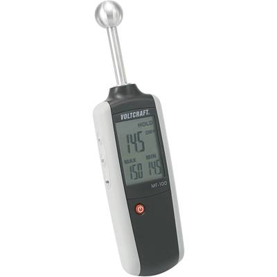 Ein digitales Feuchtigkeitsmessgerät mit Display zeigt 'HOLD DRY', aktuelle Messung '14.5', Maximalwert '15.0', Minimalwert '14.5'.