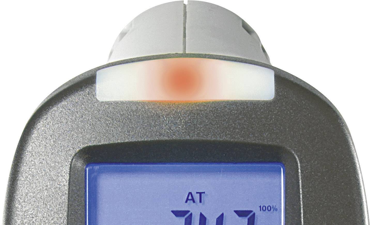 Ein digitales Thermometer zeigt 'AT 74,7' an. Eine rote Kontrollleuchte leuchtet oben, was eine Warnung oder Hinweis signalisiert.