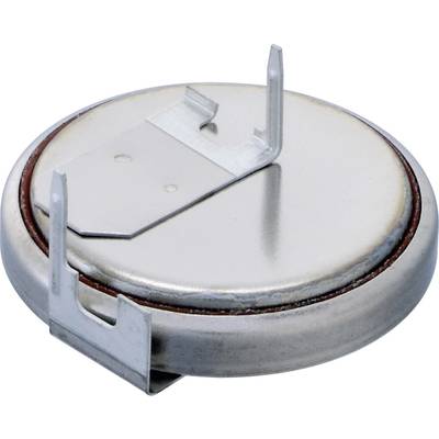 Eine runde Metallbatterie mit zwei hervorstehenden Metalllaschen auf der Oberseite.