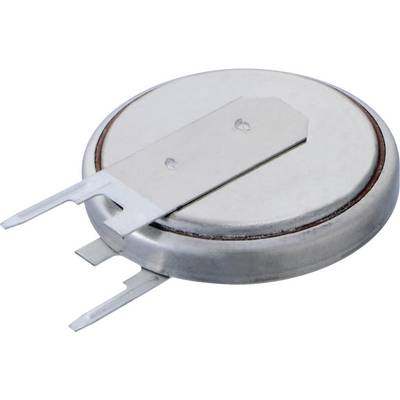 Runde, flache Knopfzelle mit zwei Metallkontakten auf der Oberseite, für elektronische Anwendungen.