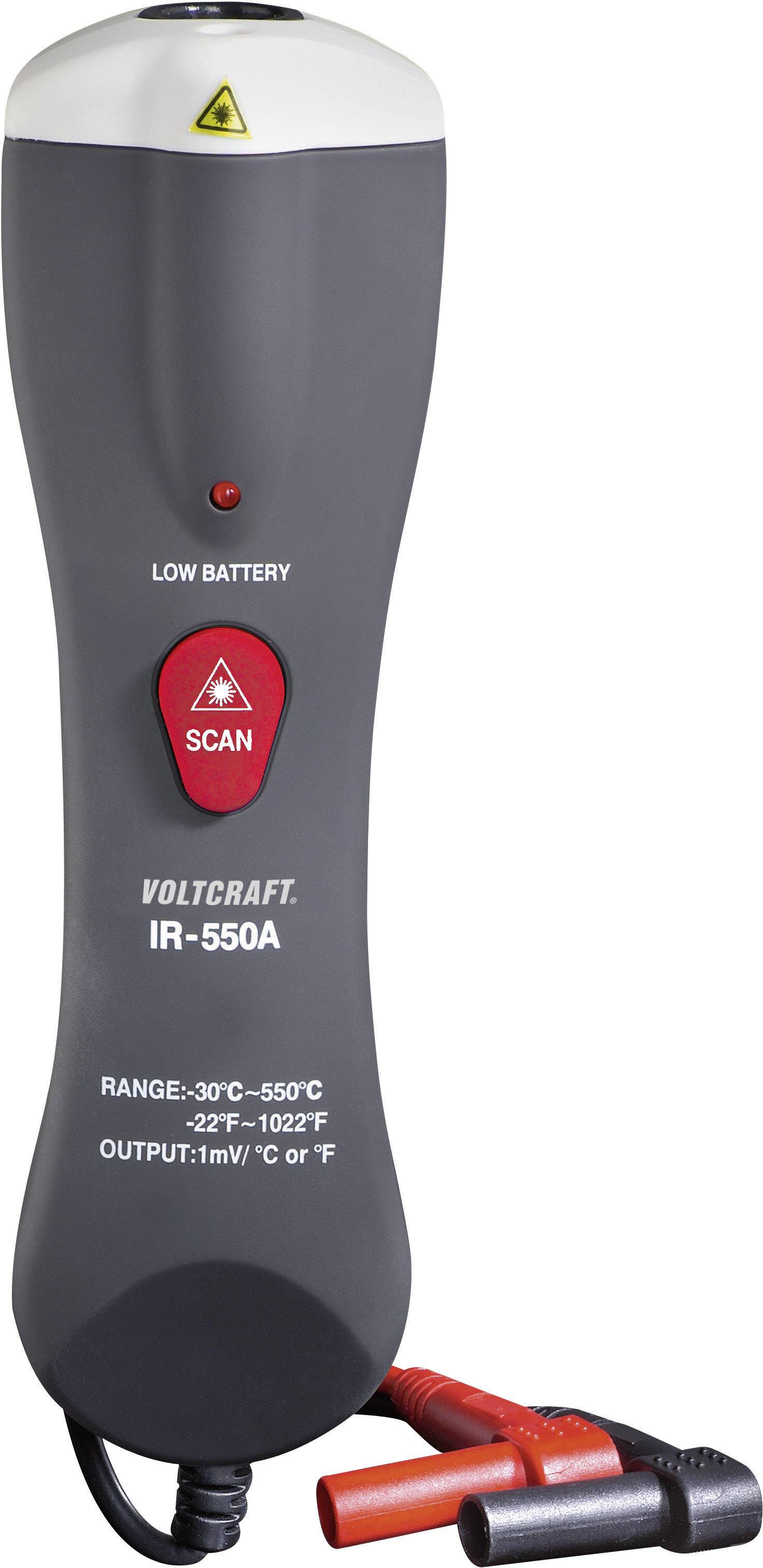 Ein Infrarot-Thermometer zeigt den Messbereich von -30°C bis 550°C an. Ein roter Scan-Knopf ist in der Mitte sichtbar.