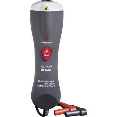 Ein Infrarot-Thermometer zeigt den Messbereich von -30°C bis 550°C an. Ein roter Scan-Knopf ist in der Mitte sichtbar.