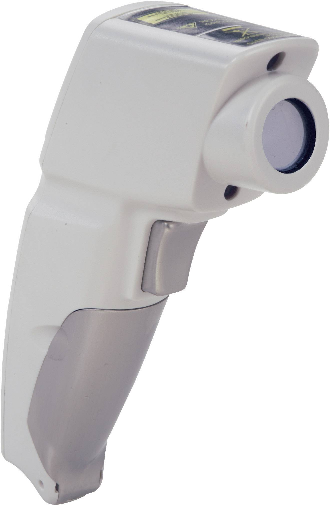 Ein graues, tragbares Infrarotthermometer mit Triggergriff und Sensorlinse. Geeignet zur berührungslosen Messung von Temperaturen.