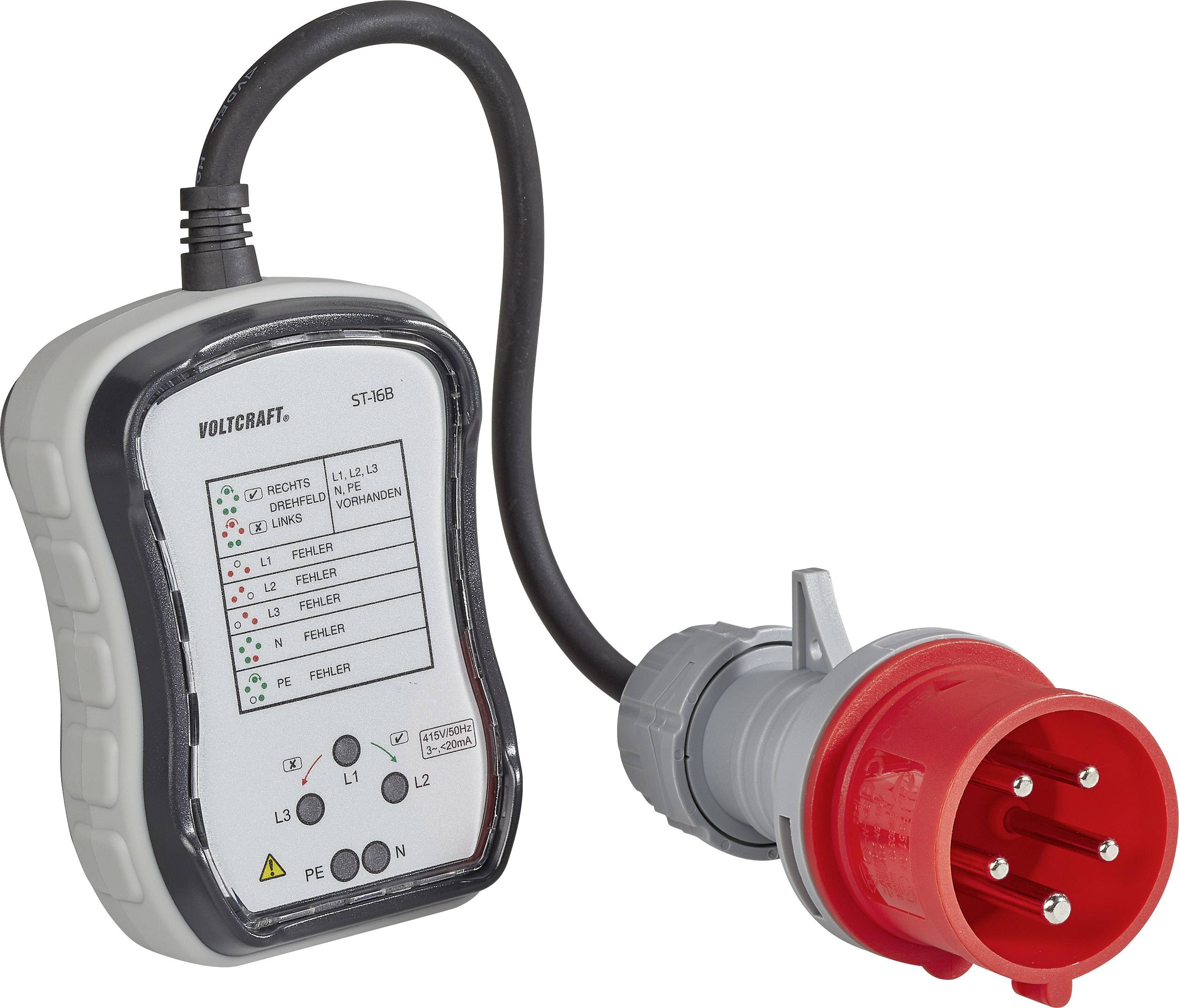 'Industrie-Steckdosen-Tester, Modell ST-16B, mit LED-Anzeigen zur Fehlerdiagnose; roter CEE-Stecker für dreiphasige Anschlüsse.'