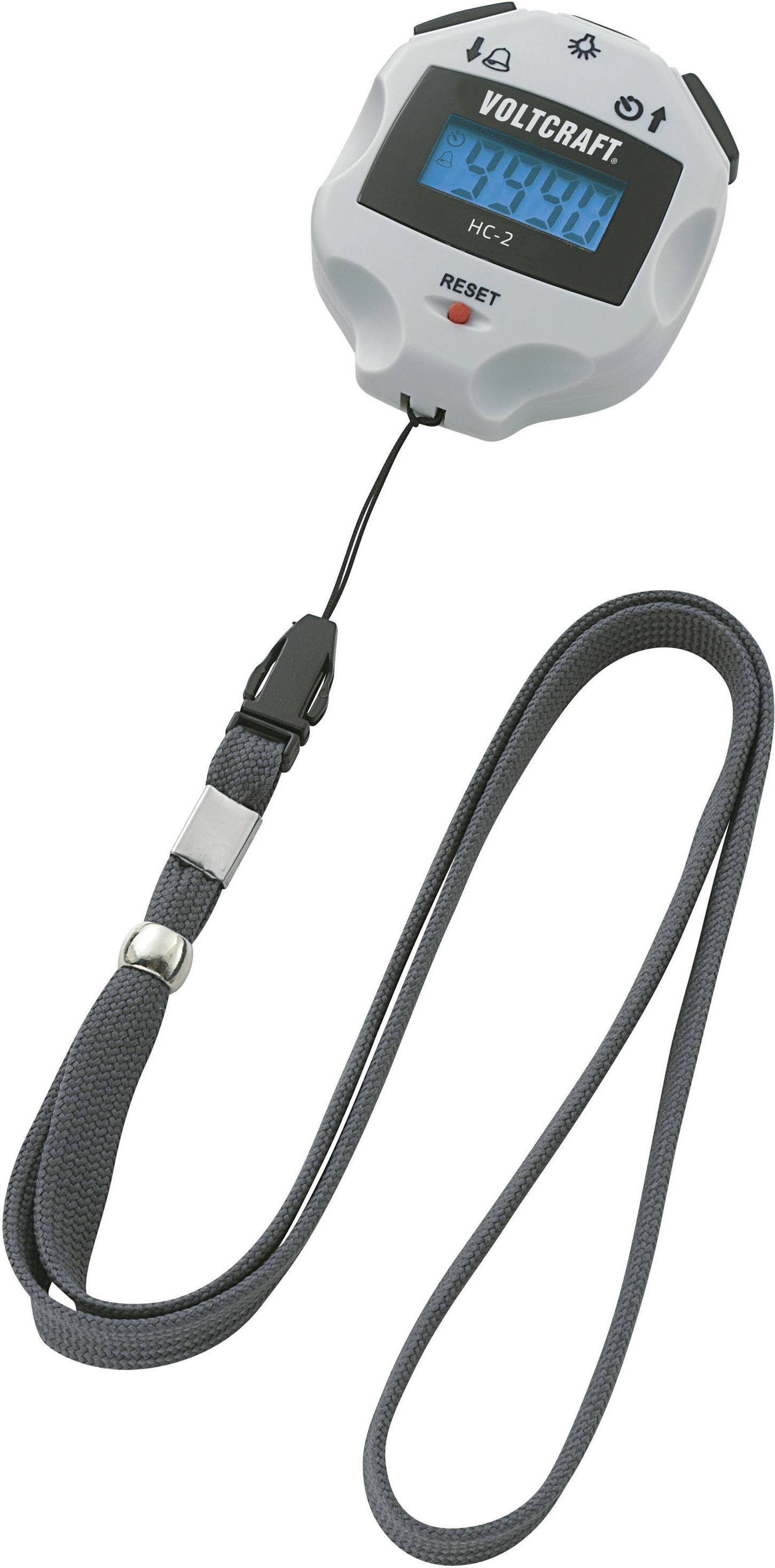 Digitaler Handzähler mit grauem Gehäuse, blauem Display und schwarzem Umhängeband, zeigt die Zahl '0004' an.