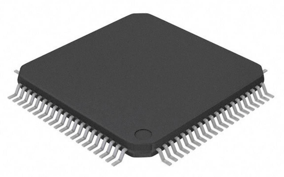 Un circuit intégré (CI) carré, plat, de couleur gris foncé, doté de nombreuses broches argentées coudées qui dépassent des quatre côtés. Un petit repère rond sur la face supérieure indique son orientation.