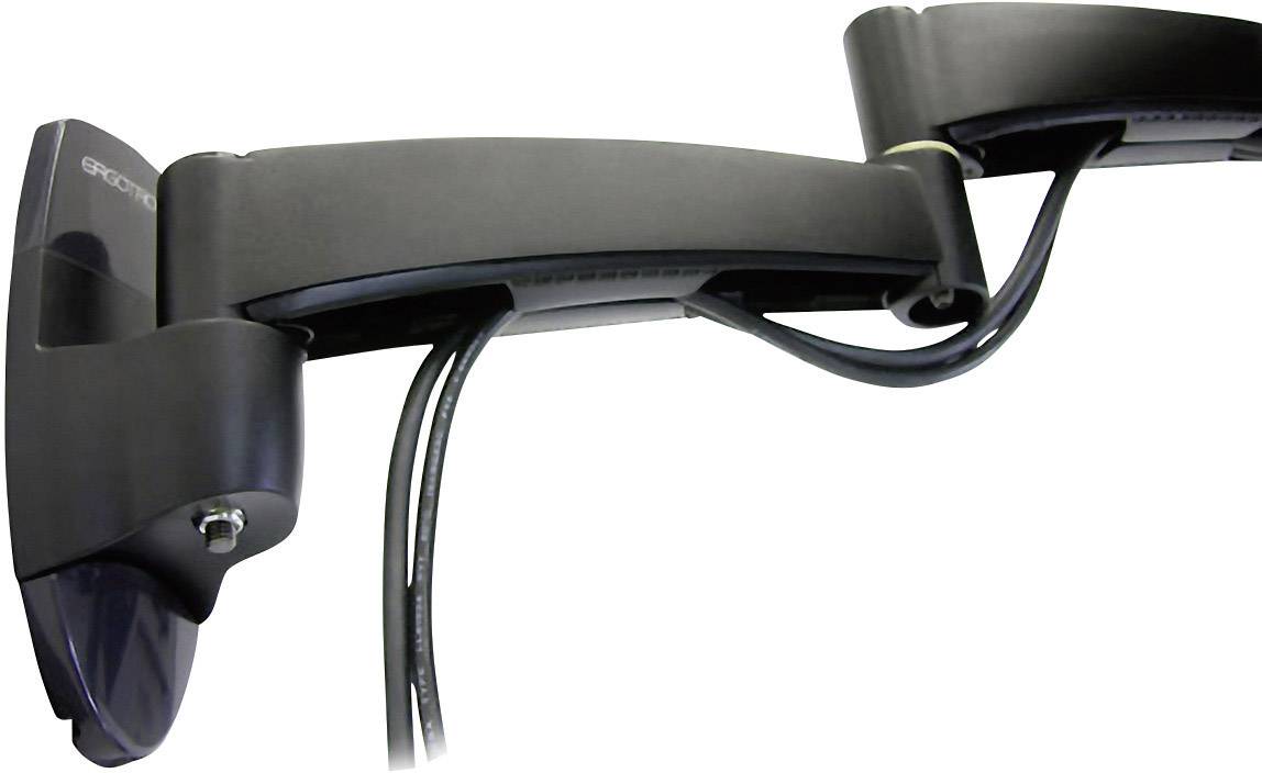 Schwarzer Monitorarm mit Kabelmanagement, montiert an einer Wand, ermöglicht flexible Positionierung von Bildschirmen.