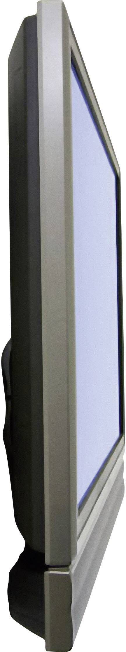 'Seitenansicht eines Flachbildschirms, der schräg nach links geneigt ist, zeigt den schmalen Rand und das dünne Profil des Geräts.'