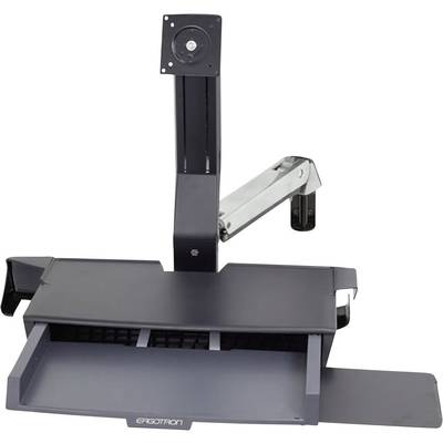 Ein höhenverstellbarer Monitorarm von Ergotron mit einer Tastaturablage, ideal für ergonomisches Arbeiten im Stehen und Sitzen.