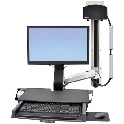 Ein höhenverstellbares Computer-Arbeitsplatzsystem mit Monitor, Tastatur und Vorrichtung zur Kabelorganisation, montiert an einer vertikalen Schiene.