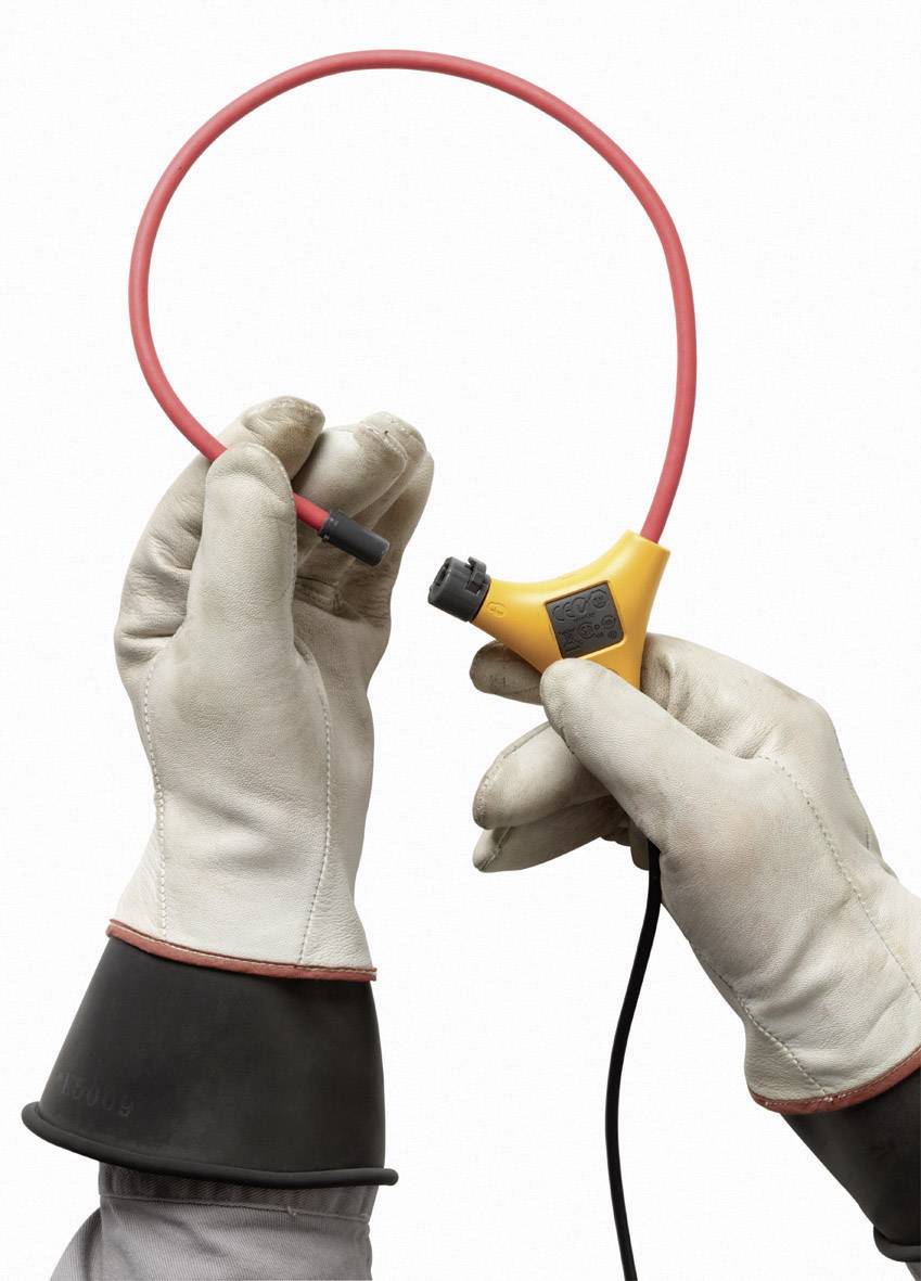 'Zwei Hände in isolierenden Handschuhen halten eine Flexible Stromzange.'