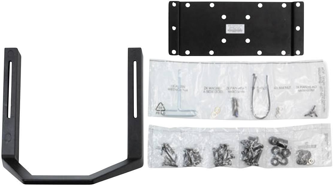 Ein Wandmontage-Kit bestehend aus einer U-förmigen Halterung, einer rechteckigen Platte und mehreren Sets mit Schrauben und Zubehör.