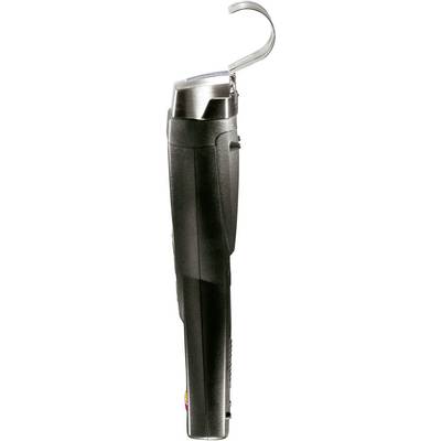 Ein digitaler Messschieber in seitlicher Ansicht, mit einem gebogenen Haken oben. Hauptsächlich in Schwarz mit Metallakzenten.