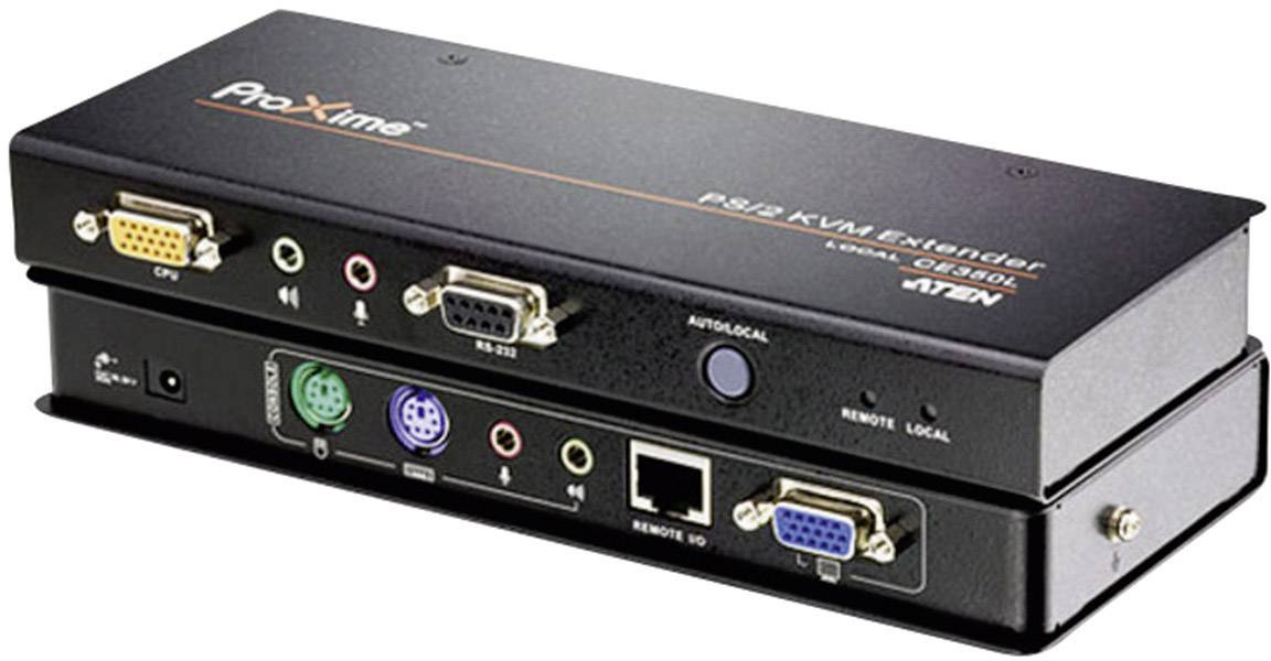 Ein KVM-Extender-Gerät mit mehreren Anschlüssen, inklusive VGA, RS-232, Ethernet, und PS/2. Markenname 'ProXime' sichtbar.