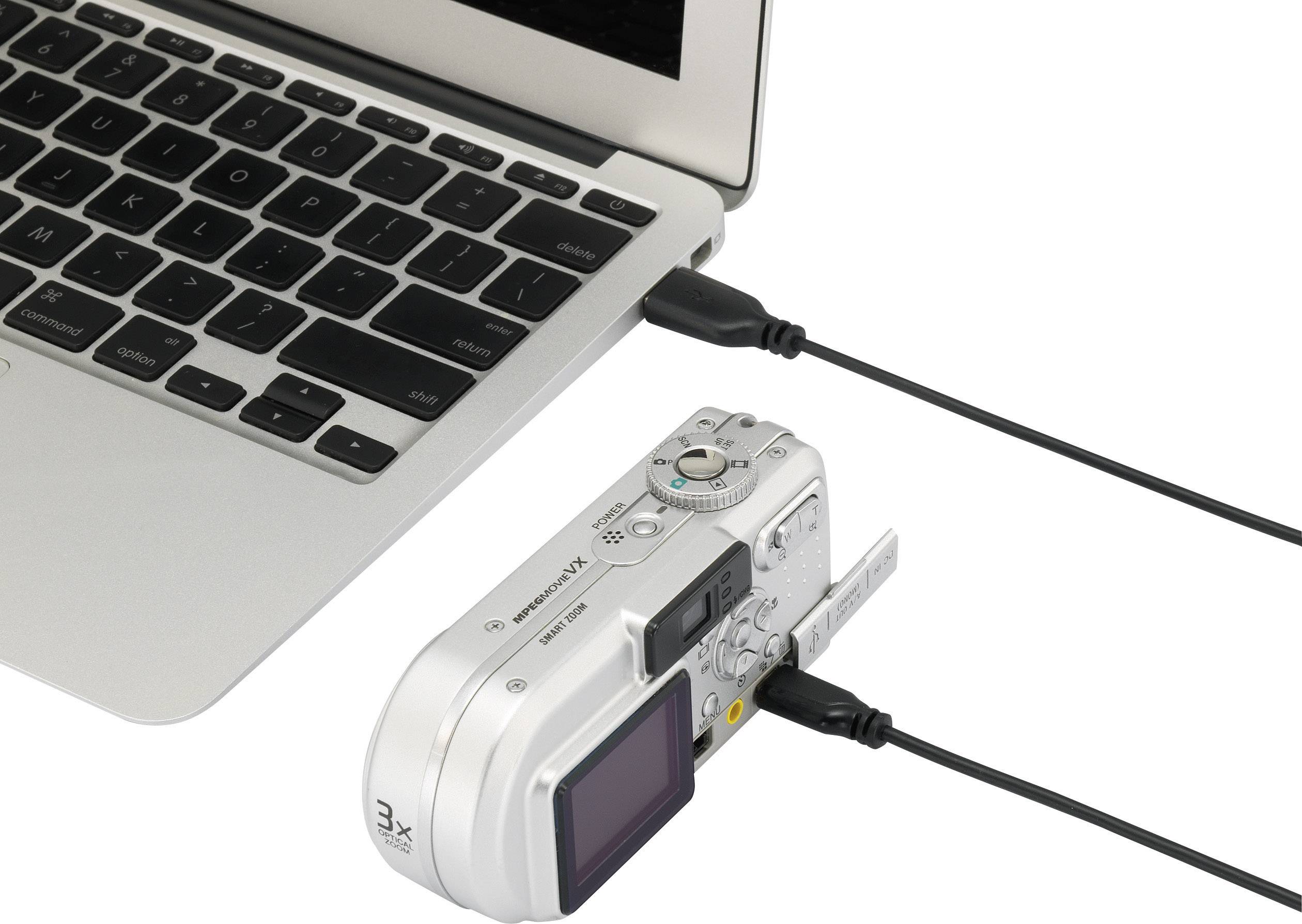 'Digitalkamera verbunden mit Laptop über USB-Kabel.'