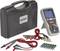 Tragbarer Multimeter-Set mit Koffer, Messleitungen, Krokodilklemmen und Batterien. Gerät zeigt elektrotechnische Messwerte an.