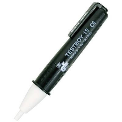 Spannungsprüfer mit schwarzem Gehäuse und weißer Spitze, Modell 'TESTBOY 15'. Verwendet Batterie 1,5V Typ LR03.