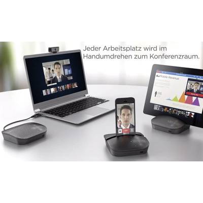 Laptop und Smartphone zeigen Videokonferenz. Text: 'Jeder Arbeitsplatz wird im Handumdrehen zum Konferenzraum.'