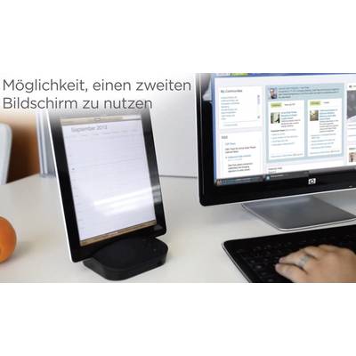 Tablet und Monitor auf einem Schreibtisch. Der Tablet-Bildschirm zeigt einen Kalender, der Monitor eine Webseite. Text: 'Möglichkeit, einen zweiten Bildschirm zu nutzen'.