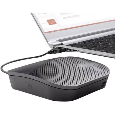 Ein Laptop ist per USB-Kabel mit einem externen Lautsprecher verbunden und zeigt eine Präsentation auf dem Bildschirm.