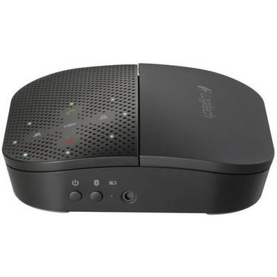 Schwarzer, ovaler Konferenzlautsprecher mit Lautstärke-, Anrufsteuerungstasten und USB-Anschluss, geeignet für Telefonkonferenzen.