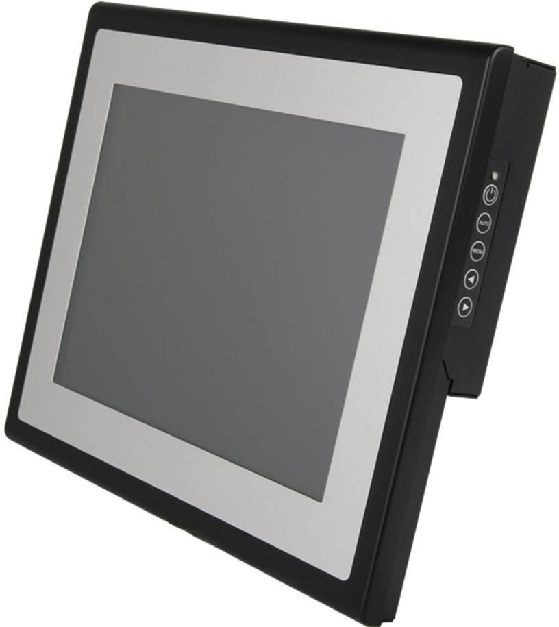 Ein schräg von der Seite fotografierter Computerbildschirm mit mehreren Tasten am Rand, vor einem neutralen Hintergrund.