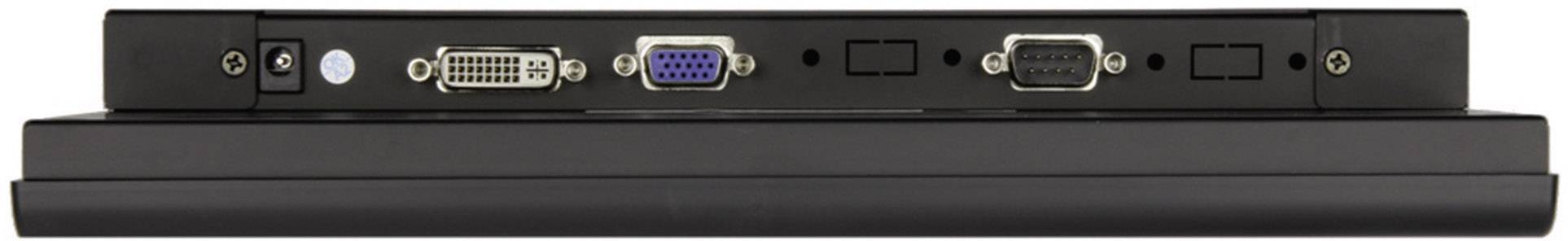 Die Rückseite einer Dockingstation mit verschiedenen Anschlüssen: Stromanschluss, DVI, VGA, USB, serieller Anschluss.