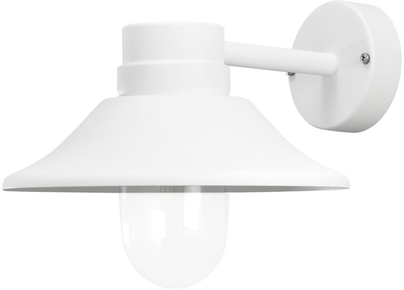 Weiße Wandlampe mit modernem, minimalistischem Design, geeignet für Innenräume. Sie hat einen runden Schirm und eine zylindrische Halterung.
