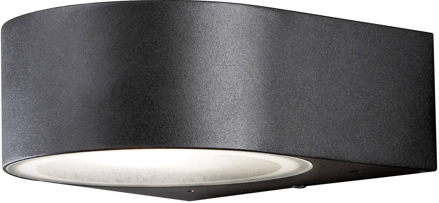 Schwarze Wandleuchte mit abgerundetem, rechteckigem Design. Richten Sie das Licht nach unten ab. Ideal für moderne Innenräume.