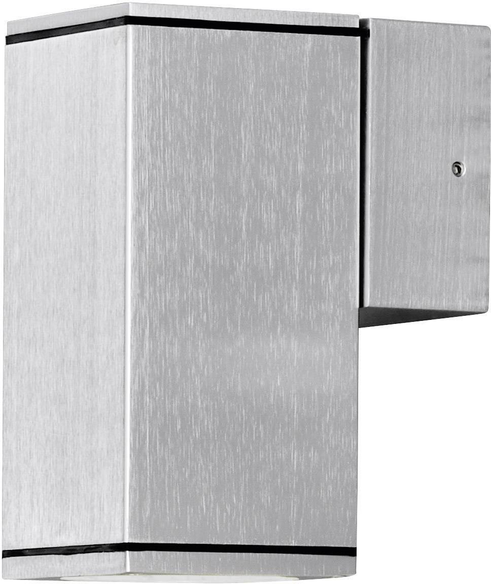 Eine moderne, rechteckige Wandlampe aus gebürstetem Metall mit einem schlanken, minimalistischen Design.