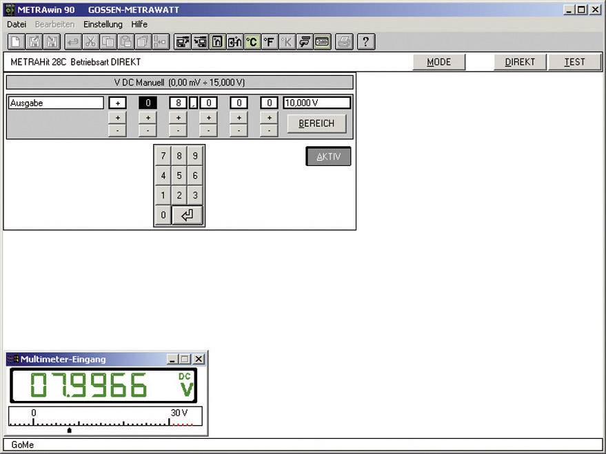 Bildschirmfoto einer Software mit einem Bedienfeld zur Steuerung eines Multimeters. Oben: Modus-Auswahl und Bearbeitungsoptionen. Unten: Anzeigefeld mit Zahl '079.966 DC'.