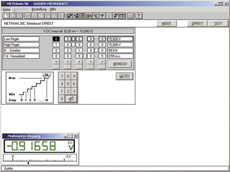 Screenshot einer METRAwin 90 Software-Oberfläche mit eingetragenen Spannungswerten. Hauptfenster zeigt Spannungsbereiche und Diagramm.