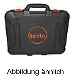 Schwarzer Koffer mit orangenem 'testo'-Logo, zwei roten Verschlüssen und stabilem Griff. Darunter steht 'Abbildung ähnlich'.