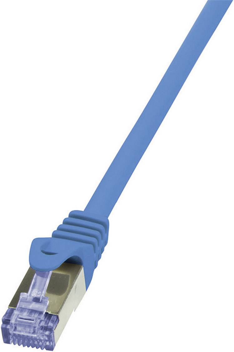 Ein blaues Ethernet-Kabel mit RJ-45-Stecker, verwendet für kabelgebundene Netzwerkverbindungen in Computernetzwerken.