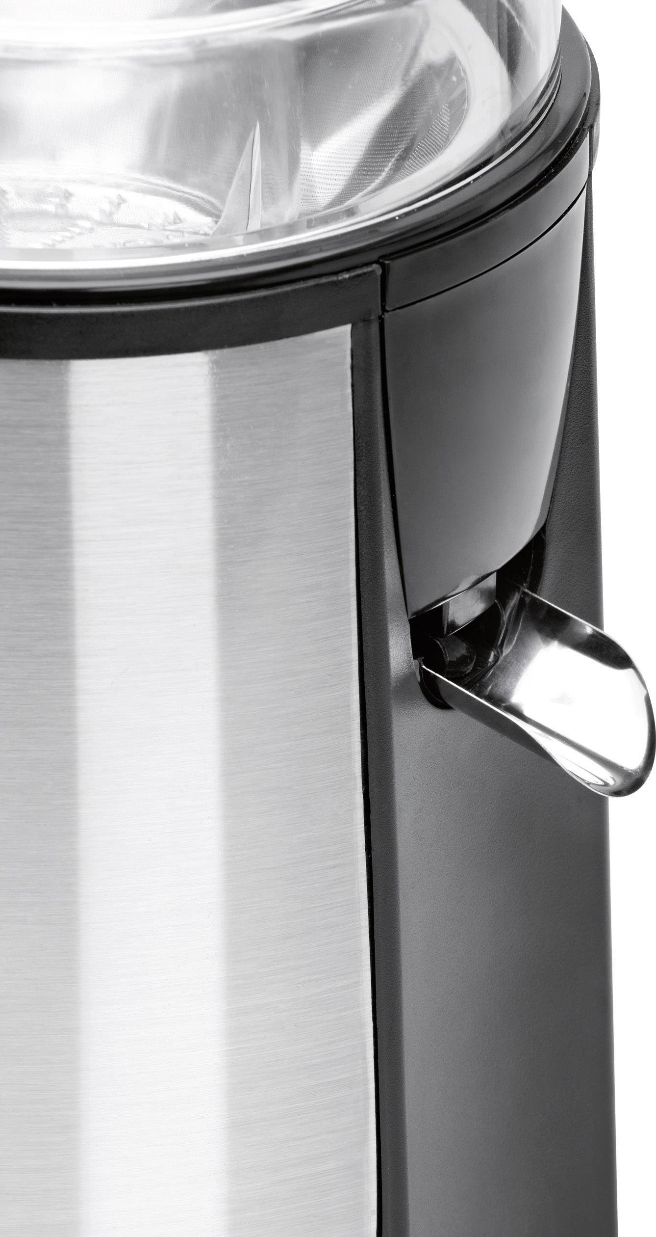 Elektrische Kaffeemühle aus Edelstahl, detailreiche Seitenansicht mit transparentem Deckel oben und Schalter vorne.