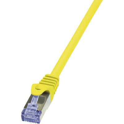 Gelbes Ethernet-Kabel mit einem RJ45-Stecker, oft verwendet für Netzwerkverbindungen.