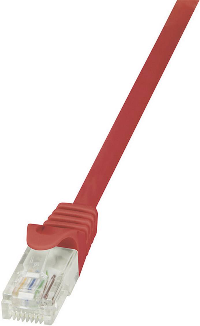 Rotes Ethernet-Kabel mit durchsichtigem Steckverbinder, auf weißem Hintergrund. Verwendet zur Verbindung von Netzwerkgeräten.