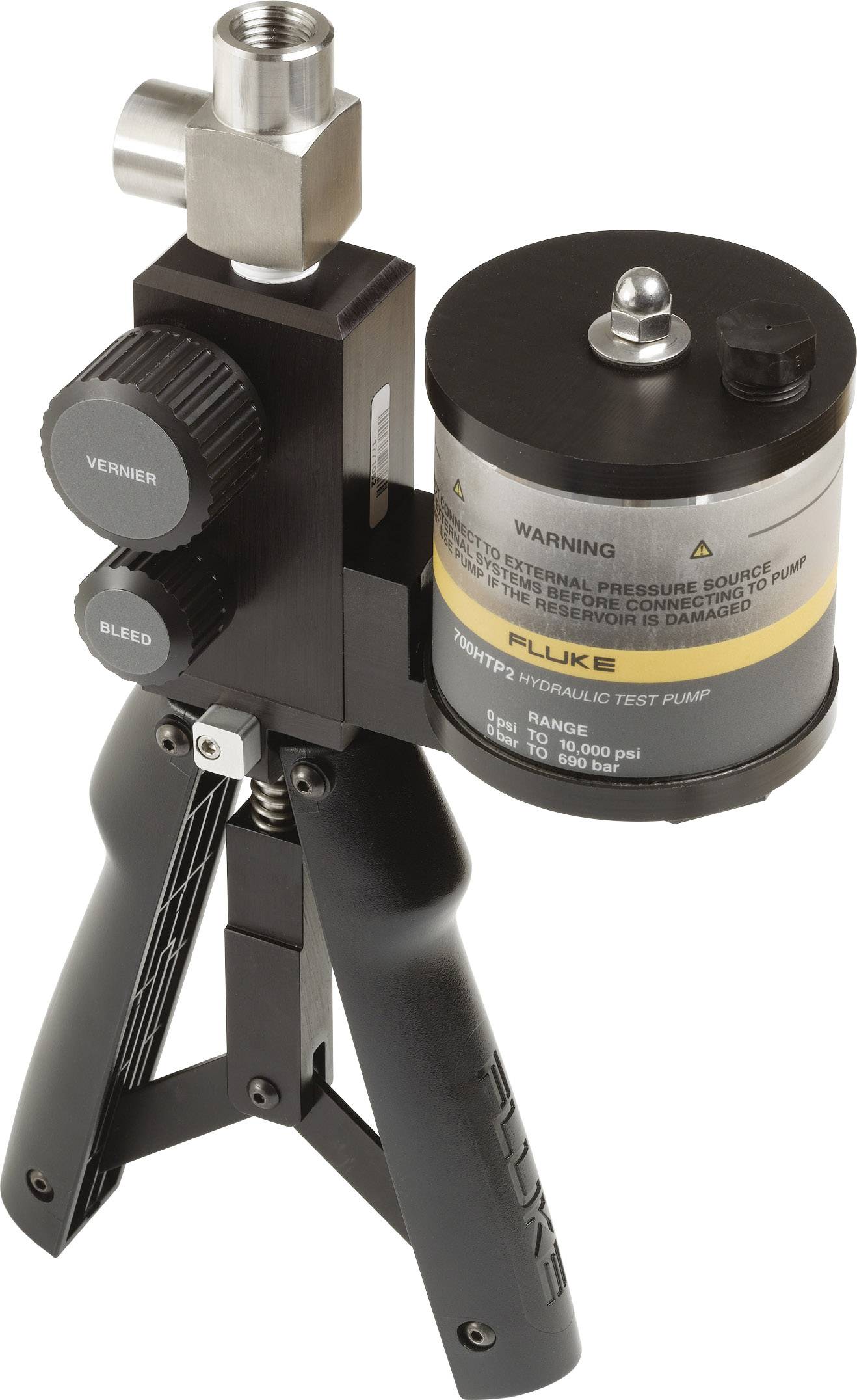 Hydraulische Drucktestpumpe mit zwei Reglern und einem Manometer, verwendet zur Prüfung und Kalibrierung von Druckinstrumenten.