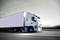 Ein weißer LKW fährt auf einer Autobahn vor unscharfem Hintergrund. Der Himmel ist bewölkt, vermittelt eine dynamische Bewegung.