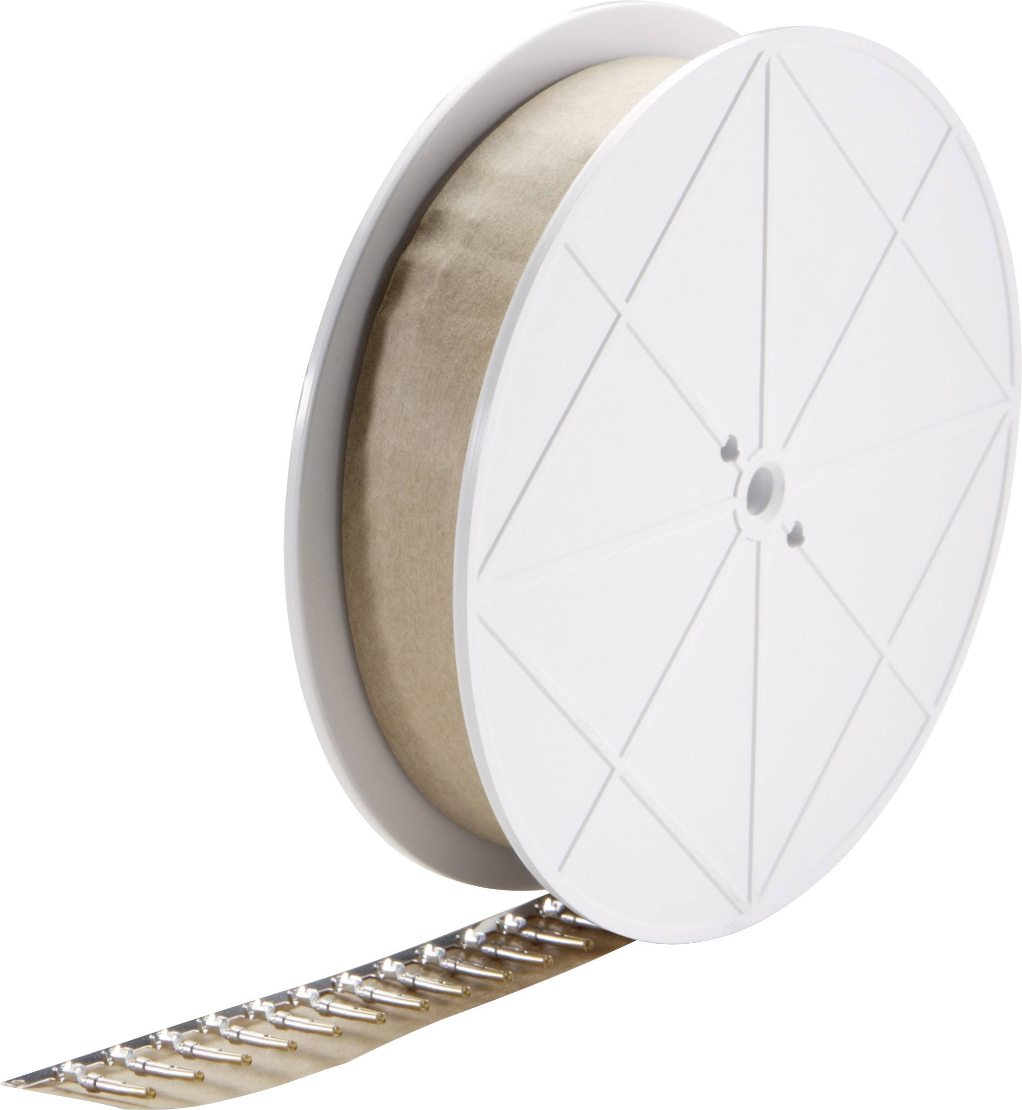 Eine Rolle mit strukturiertem Metallband, geeignet für industrielle Anwendungen. Das Band ist zur Hälfte von der Rolle abgewickelt.