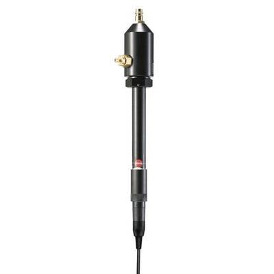 Schwarzes technisches Gerät mit zylindrischem Körper und Anschluss oben. Möglicherweise für Messzwecke oder als Sensor.