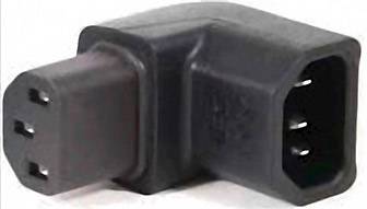 Ein schwarzer, rechtwinkliger Adapter mit drei Steckkontakten auf jeder Seite, zur Verbindung von Elektrogeräten.