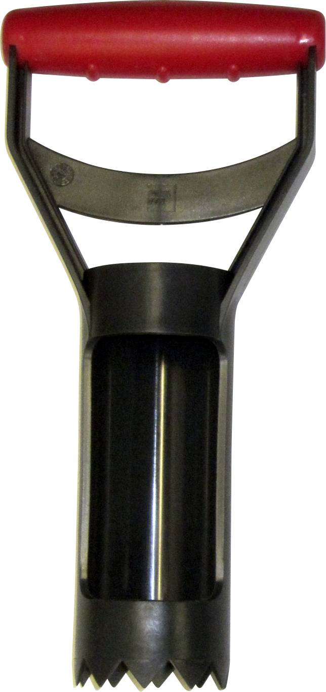 Ein Apfelausstecher mit schwarzem Kunststoffgriff und rotem T-förmigem Griff, verwendet zum einfachen Entfernen von Apfelkernen.